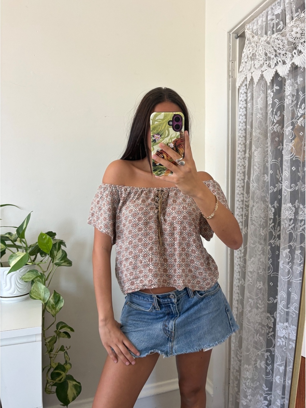 Brown Bohemian Off-the-Shoulder Floral Lace-Up Women's Blouse, Size Medium